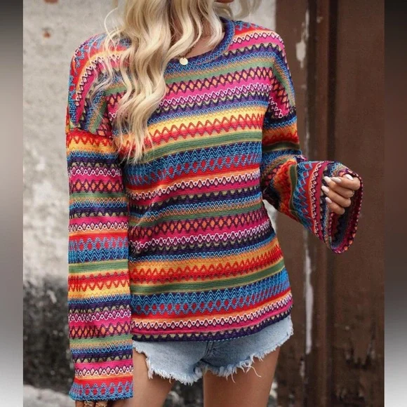 Rainbow striped bell sleeve knit striped boho long sleeve top orange blue pink - Picture 4 of 7